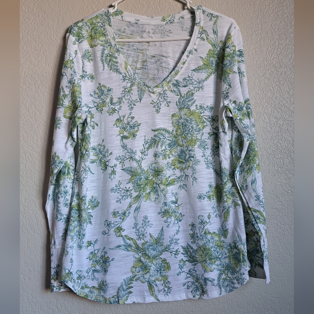 Blue Sol Womans White Green Floral Print V-neck Longsleeve Size Large